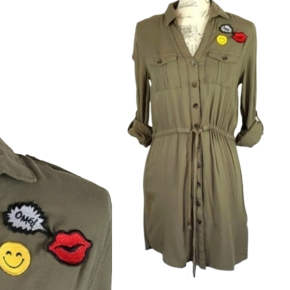 Vintage Dresses & Skirts - Army Olive Green Patched Shirt Dress